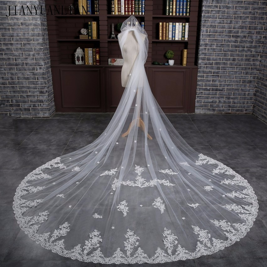 Long Wedding Veils With Lace
 3 Meter White Cathedral Wedding Veils 2018 Long Lace Edge