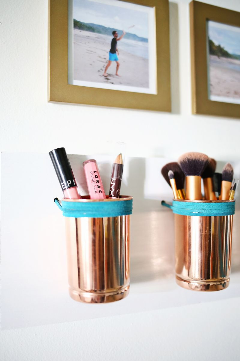 Makeup Organization DIY
 Leather Copper Cup Organizer DIY A Beautiful Mess