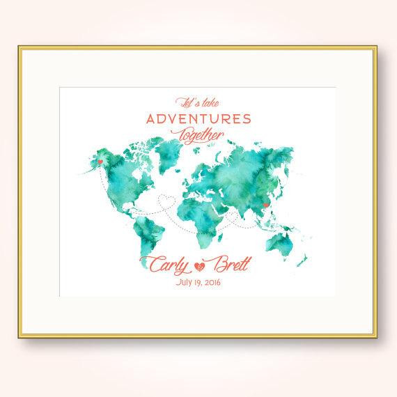 Map Wedding Guest Book
 personalized map wedding guest book watercolor world map