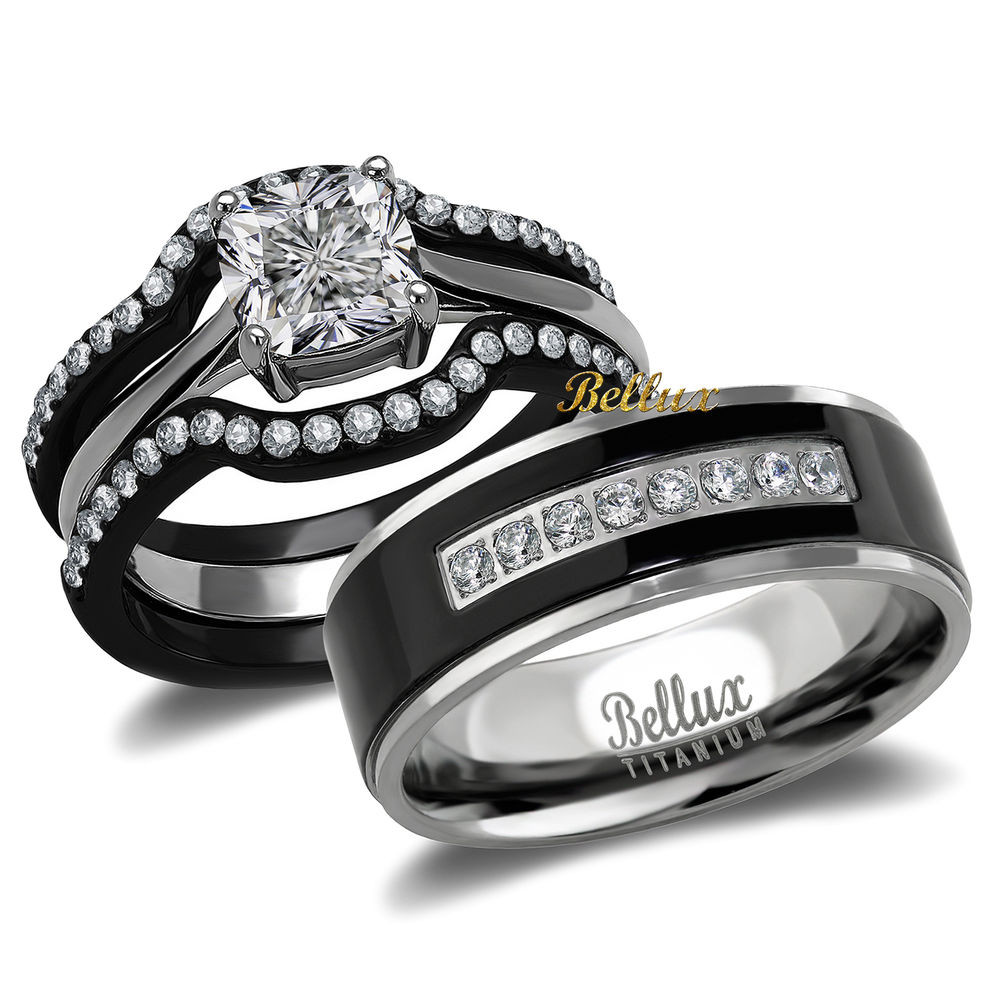 Matching Wedding Ring Sets
 His and Hers Titanium Stainless Steel CZ Bridal Matching