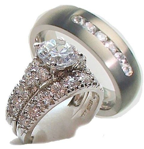 Men And Women Wedding Ring Sets
 White Gold Over Sterling Silver His & Hers 3 Piece