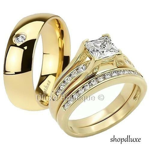 Men And Women Wedding Ring Sets
 HIS HERS 3 PIECE MEN S WOMEN S 14K GOLD PLATED WEDDING