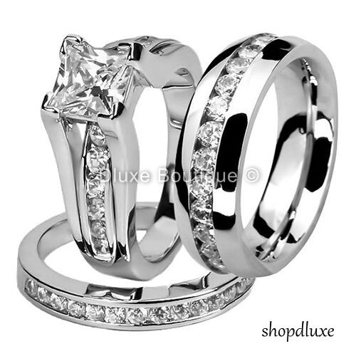 Men And Women Wedding Ring Sets
 HIS HERS 3 PIECE MEN S WOMEN S STAINLESS STEEL WEDDING