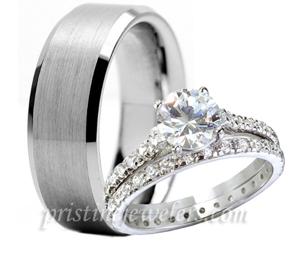 Men And Women Wedding Ring Sets
 3pc His Hers Tungsten 925 Sterling Silver Engagement