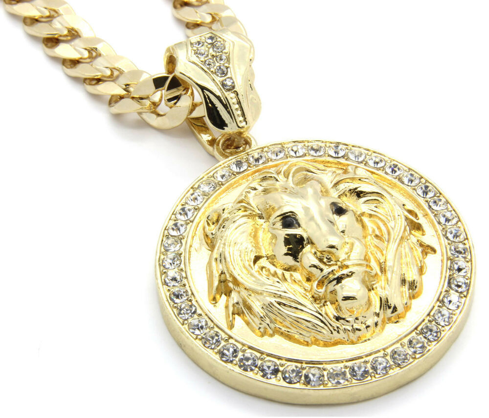 Men Gold Necklace
 Mens 14k Gold Plated 30" Cuban Chain Lion Face Black Eyes