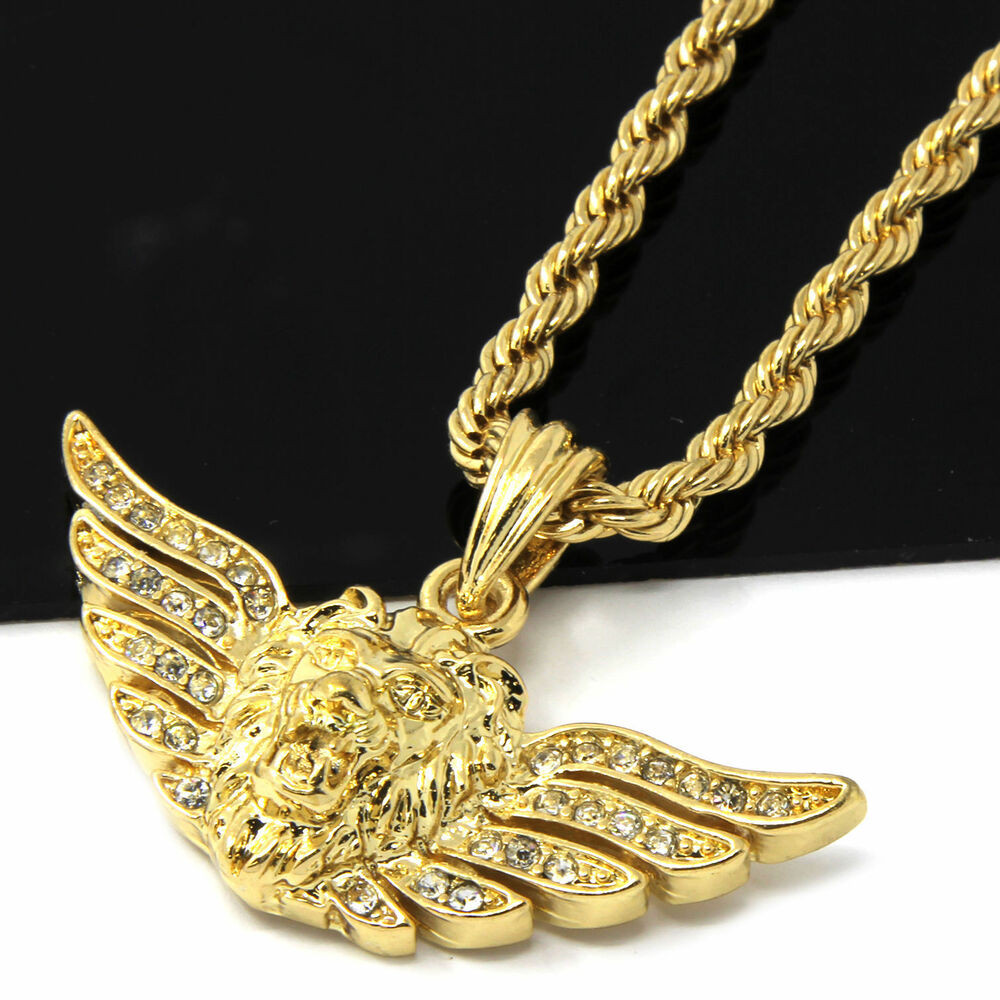 Men Gold Necklace
 Mens 14k Yellow Gold Plated 24in Iced Out Long Wing Lion