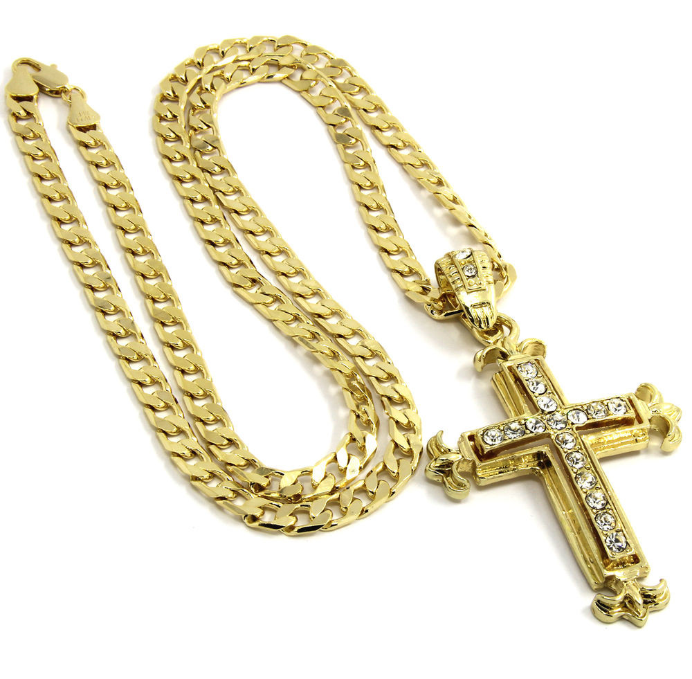 Men Gold Necklace
 Mens Gold Plated Iced Out Sharp Cross Hip Hop Pendant 24