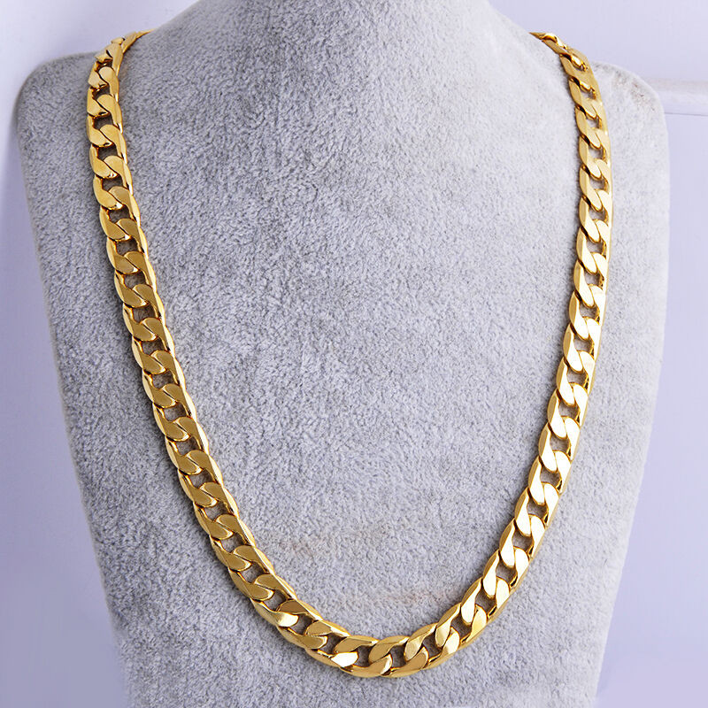 Men Gold Necklace
 Yellow Solid Gold Filled Cuban Chain Necklace 24" 7mm