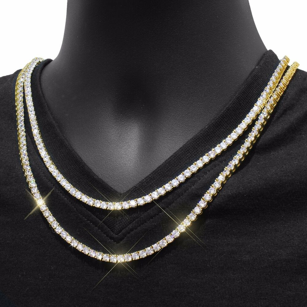 Men Gold Necklace
 14k Yellow Gold Finish Hip Hop Iced Out 4mm Choker Tennis