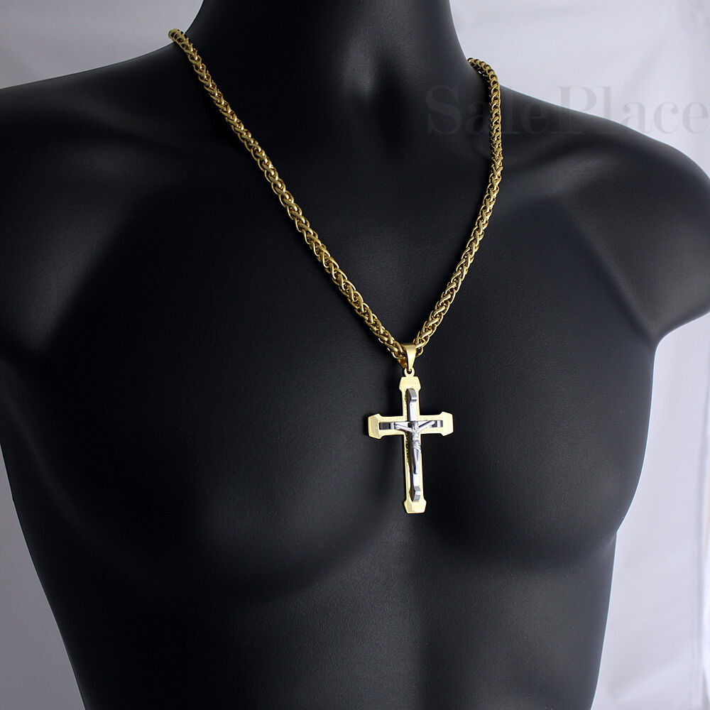 Men Gold Necklace
 Mens 24" Gold Stainless Steel Wheat Chain Necklace Jesus