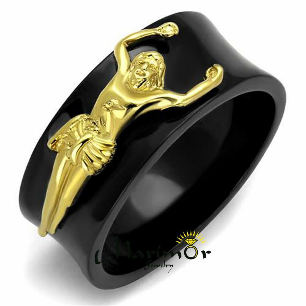 Men's Religious Bracelets
 Men s Stainless Steel Black & Gold Plated Jesus Christ
