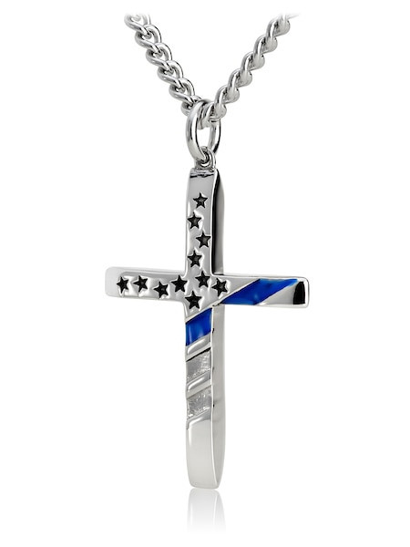 Men's Religious Bracelets
 Men s Tapered Flag Cross with Thin Blue Line Necklace