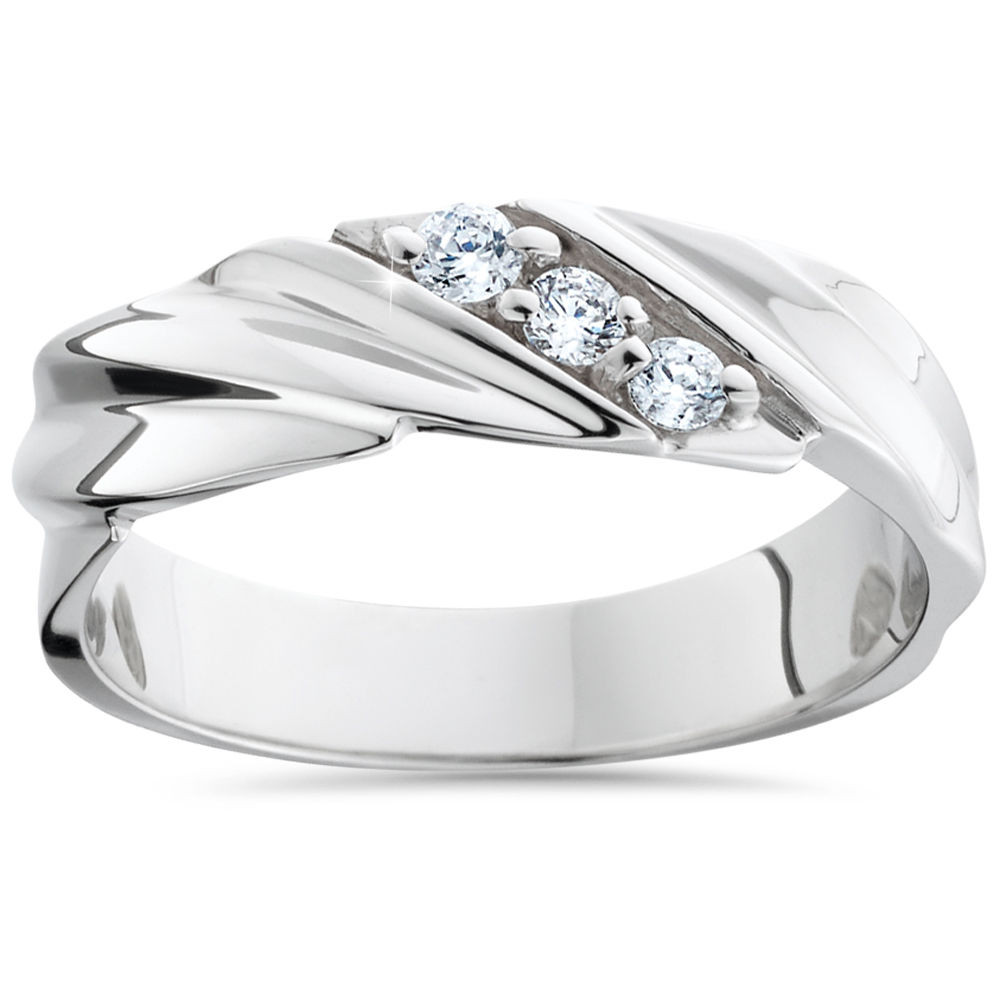 Mens Diamond Band Wedding Ring
 Mens Diamond Wedding Ring 3 Stone 14K White Gold High