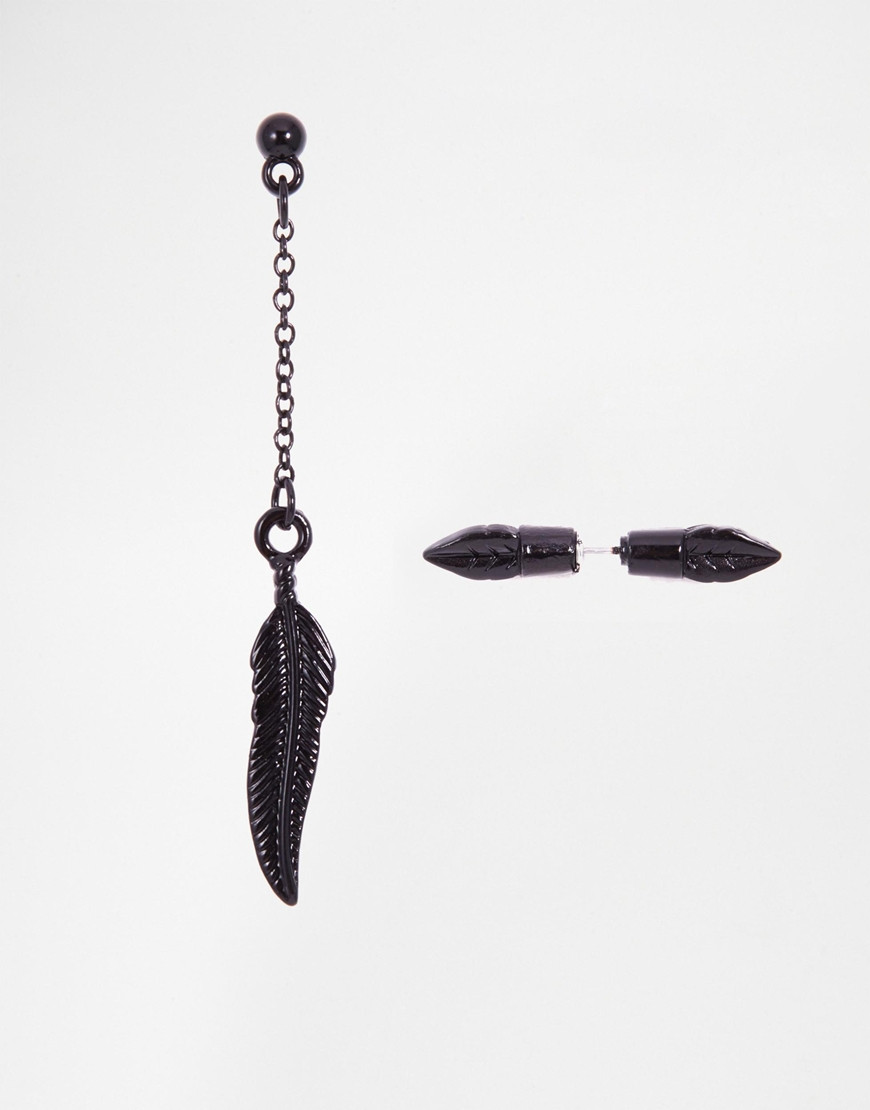 Mens Feather Earrings
 Asos Leaf Spike Earring And Feather Drop Earring In Black