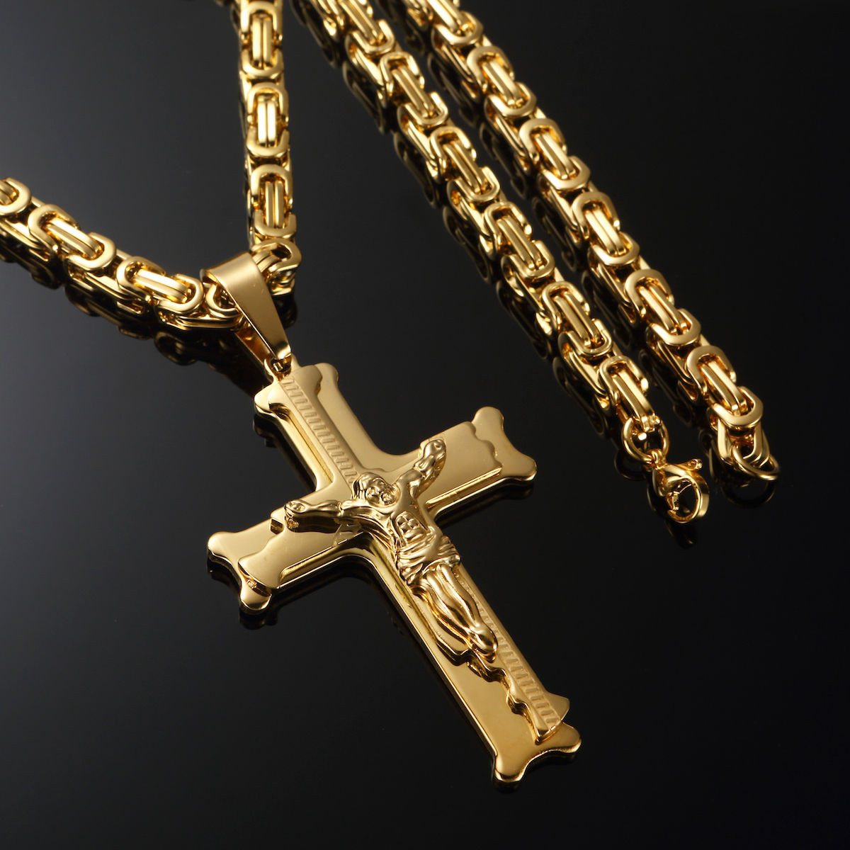 Mens Gold Crucifix Necklace
 24" Mens 18K Gold Stainless Steel Chain Necklace Jesus