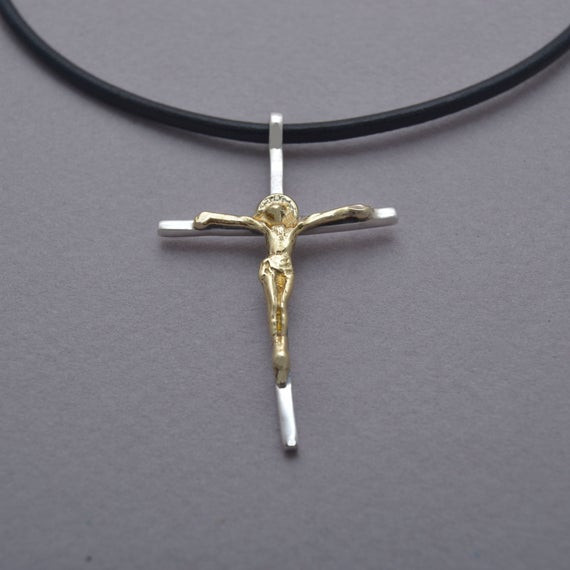 Mens Gold Crucifix Necklace
 Gold Silver Crucifix Cross Necklace for Men and Women 14kt