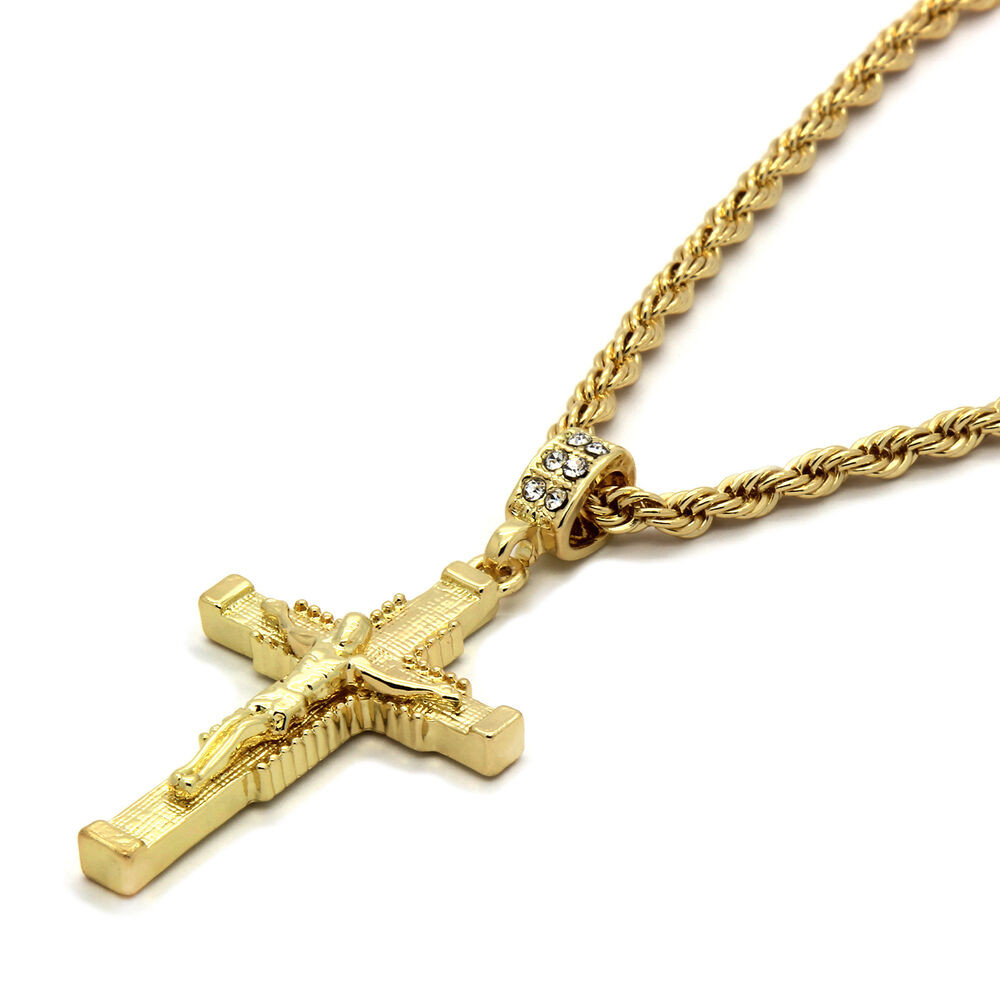 Mens Gold Crucifix Necklace
 Mens 14k Gold Plated Jesus Hanged Cross Pendant With 24