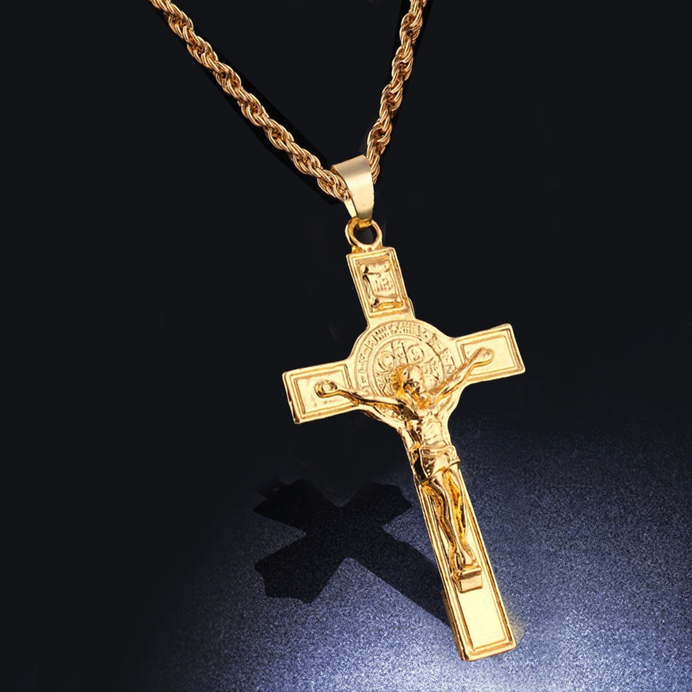 Mens Gold Crucifix Necklace
 Chain For Men Jesus Piece Trendy Gold color INRI Crucifix