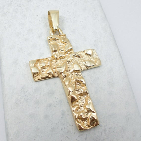 Mens Gold Crucifix Necklace
 NEW Solid 10K Yellow Gold Mens Nug Cross Crucifix Pendant