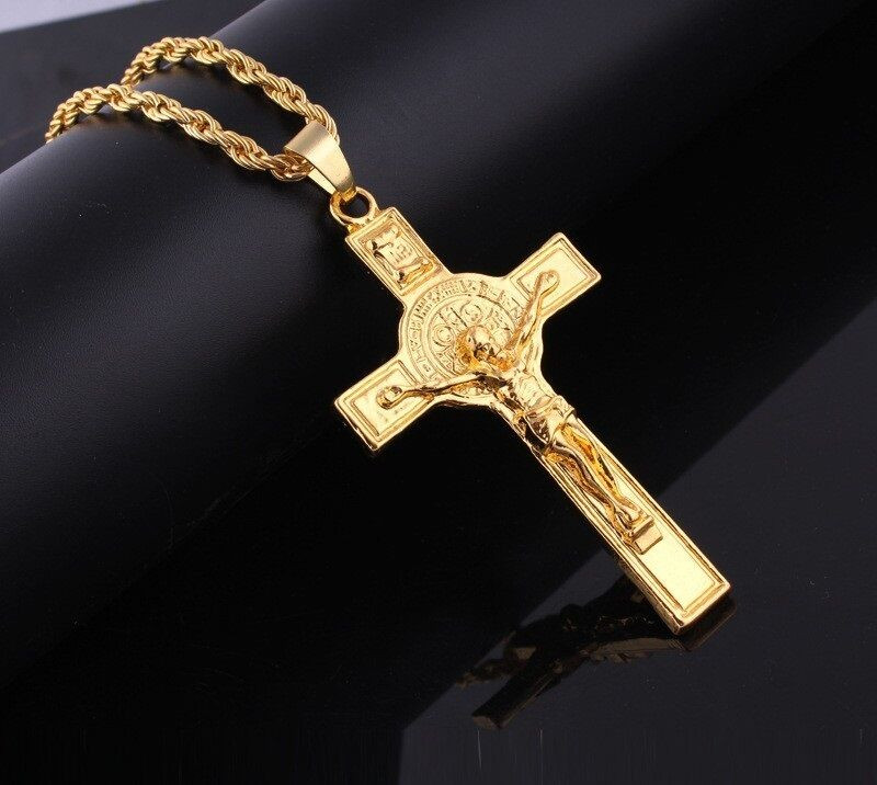 Mens Gold Crucifix Necklace
 Fashion 18K Gold Plated Long Chain Necklace INRI