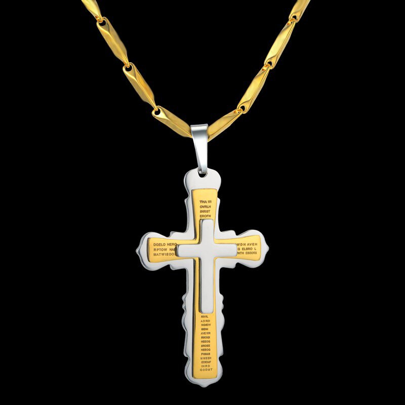 Mens Gold Crucifix Necklace
 Stainless Steel Chain 3 Layer Jesus Cross & Crucifix Gold