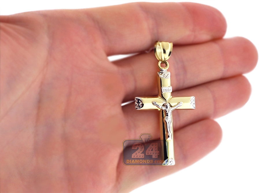 Mens Gold Crucifix Necklace
 10K Two Tone Gold Crucifix Cross Mens Pendant 1 9 inches