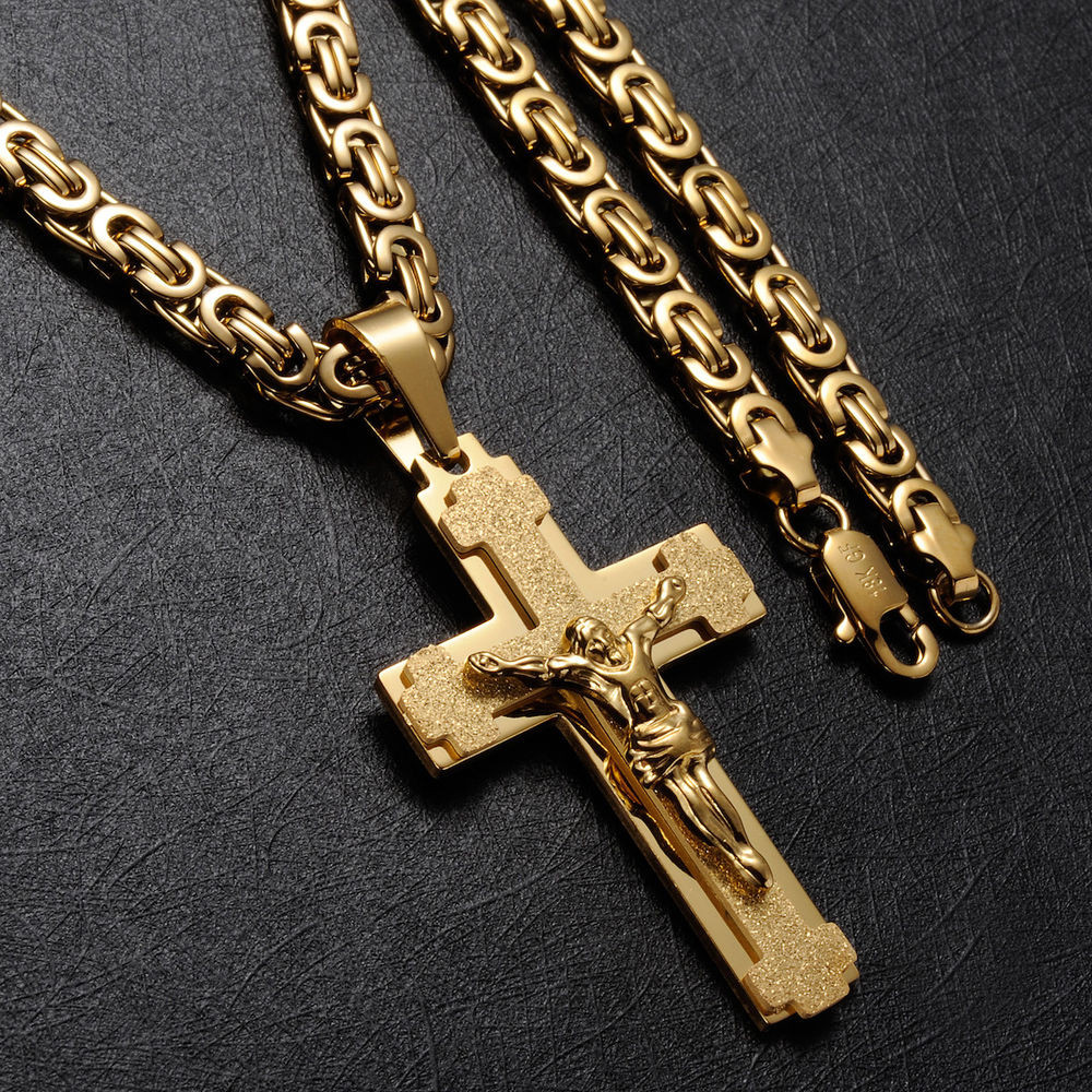 Mens Gold Crucifix Necklace
 Mens Stainless Steel Cross Necklace Chain 18K Gold Filled