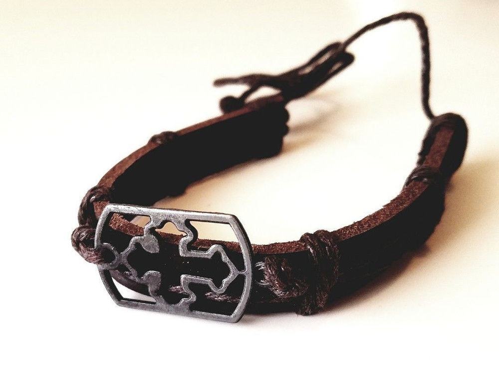 Mens Leather Bracelets Designer
 Mens CROSS Designer Brown Hemp Leather Handmade Adjustable
