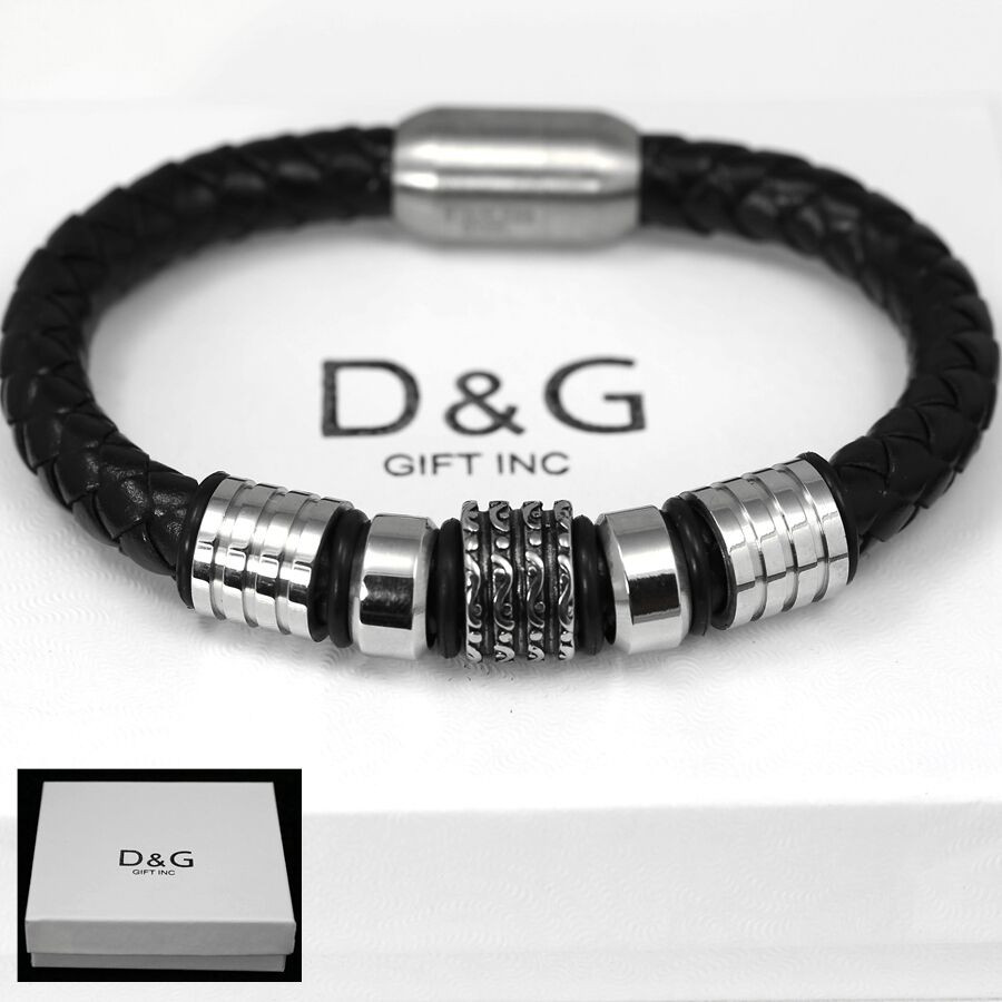 Mens Leather Bracelets Designer
 DG Men s Stainless Steel Black Braided Leather Magnetic 8