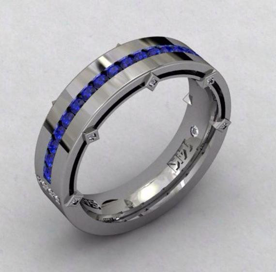 Mens Sapphire Wedding Rings
 Mens Wedding Band Sapphire 14kt White Gold by