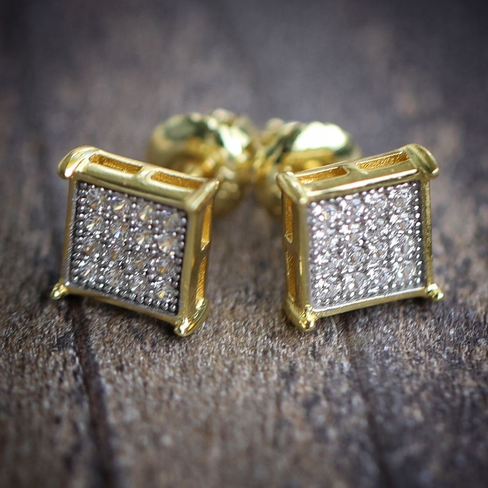 Mens Square Earrings
 Mens 14k Gold Block Square Hip Hop Iced Out Earrings