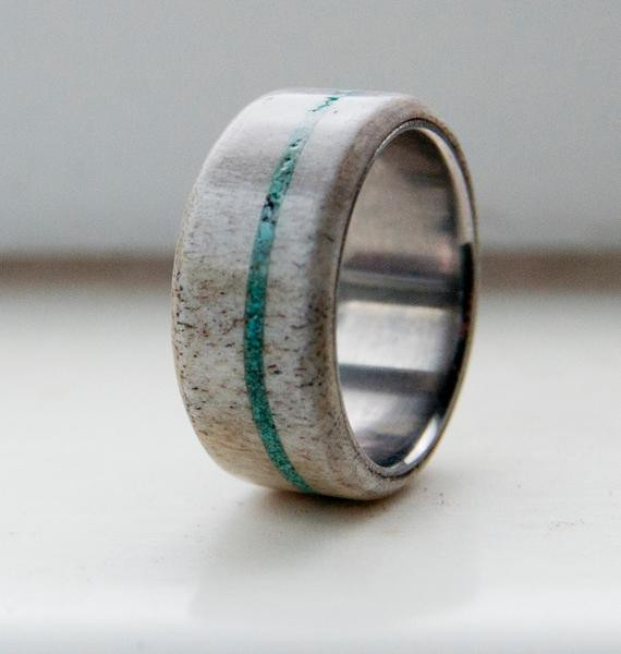 Mens Turquoise Wedding Band
 Antler and Turquoise Mens wedding band Titanium by