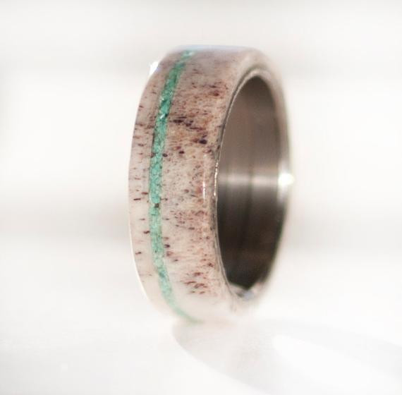 Mens Turquoise Wedding Band
 Men s Wedding Band Antler and Turquoise Ring Staghead