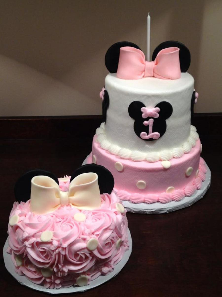 Minnie Mouse 1st Birthday Cake
 Minnie Mouse Themed First Birthday Cake With Rosette Smash
