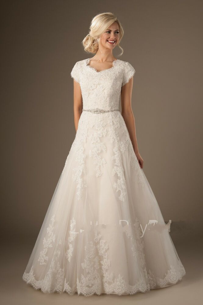 Modest Wedding Gowns
 Modest Lace Short Sleeve Wedding Dress Garden Bridal Gown