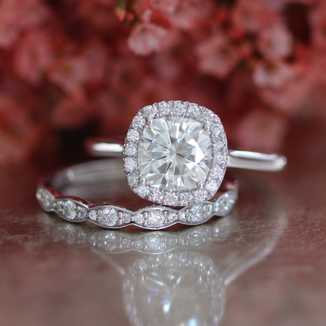 Moissanite Wedding Rings
 Bridal Set Moissanite Engagement Ring and Scalloped Diamond