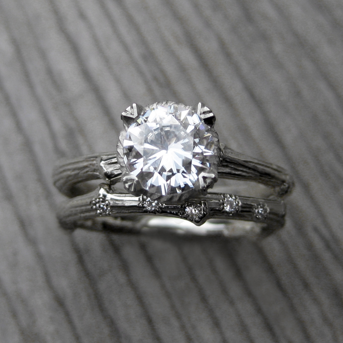 Moissanite Wedding Rings
 Moissanite Twig Engagement & Wedding Ring Set by