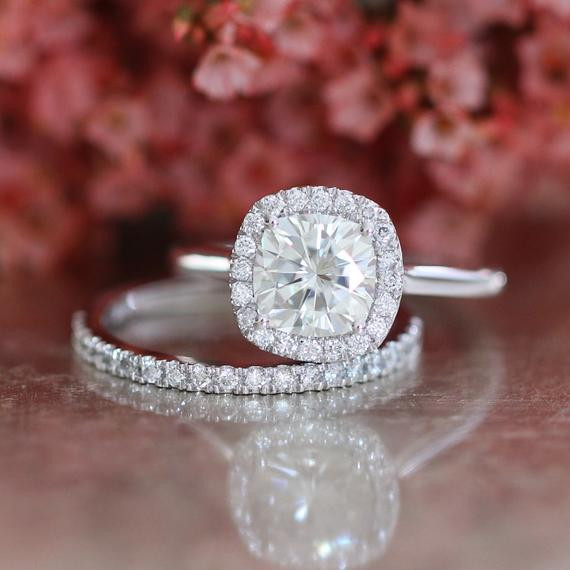 Moissanite Wedding Rings
 Moissanite Halo Diamond Wedding Ring Set in 14k White Gold