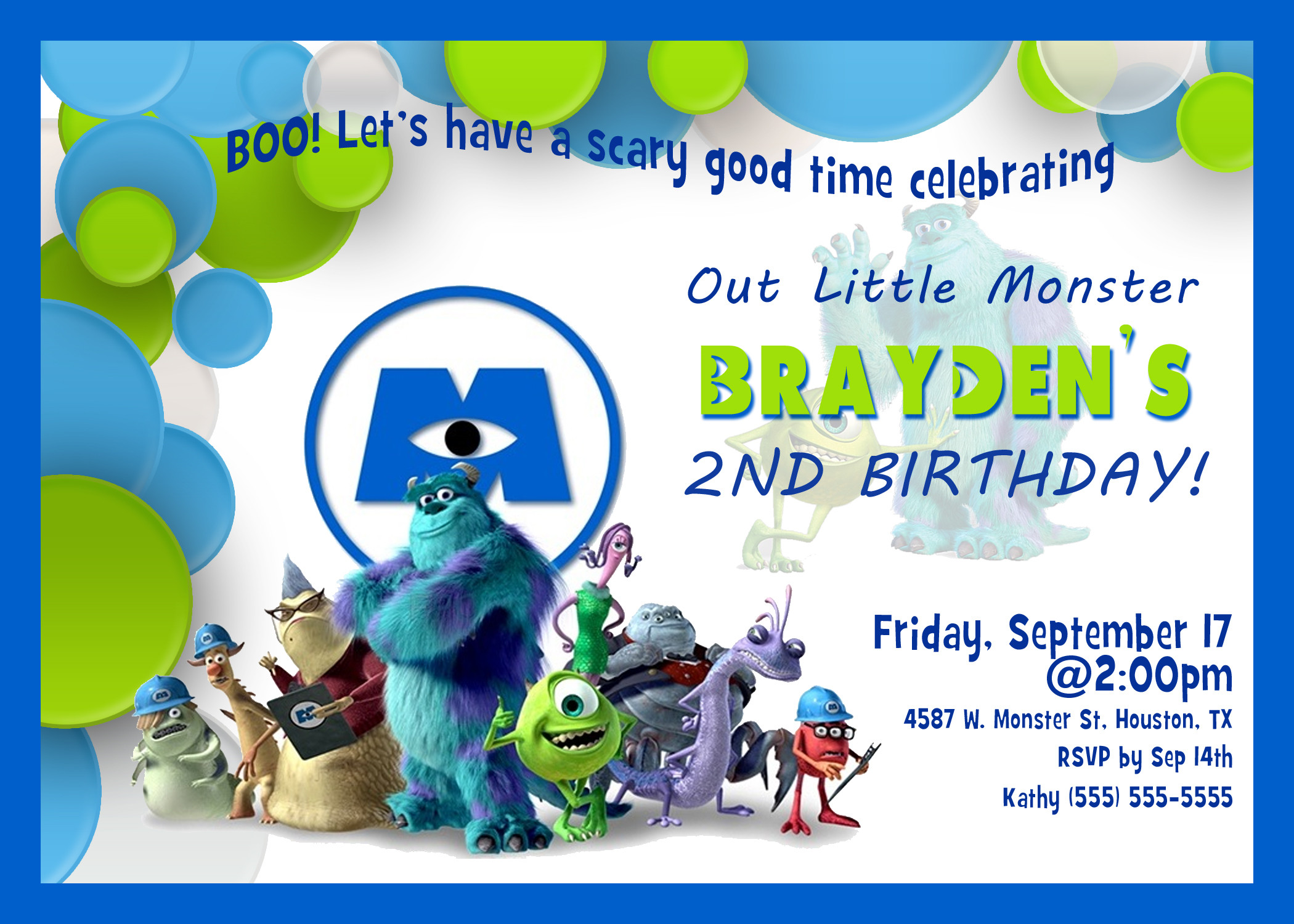 Monster Inc Birthday Invitations
 Monsters Inc 2 University Birthday Invitation