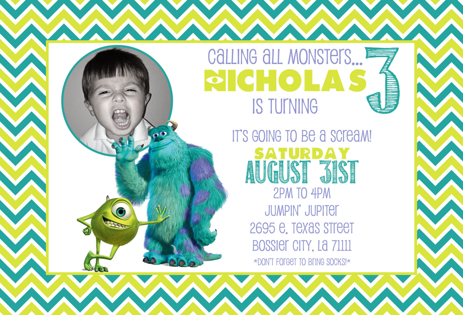 Monster Inc Birthday Invitations
 Customized Birthday Invitation Monsters Inc Monsters
