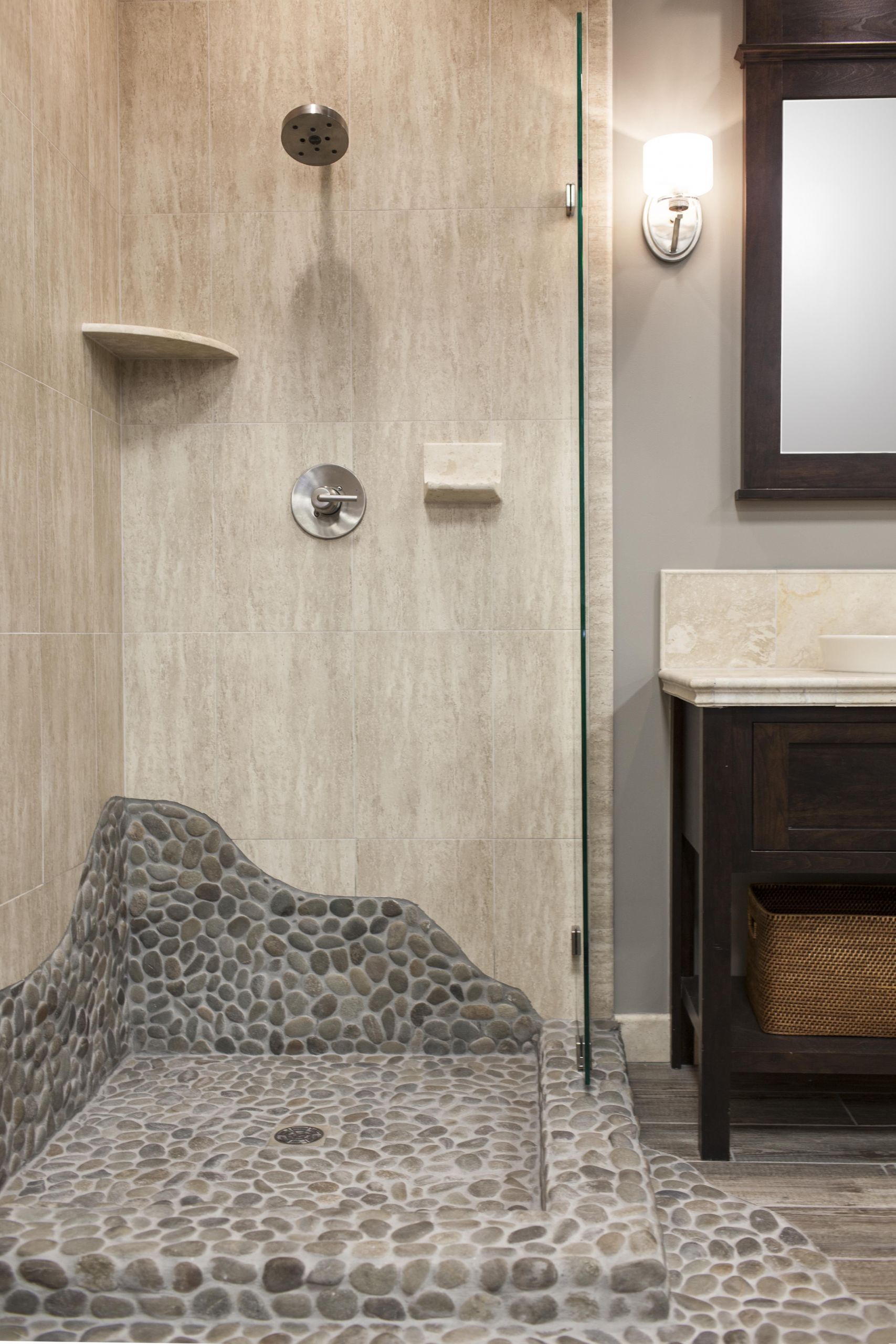 Mosaic Bathroom Tiles
 This shower brings elements of nature with a shower pan