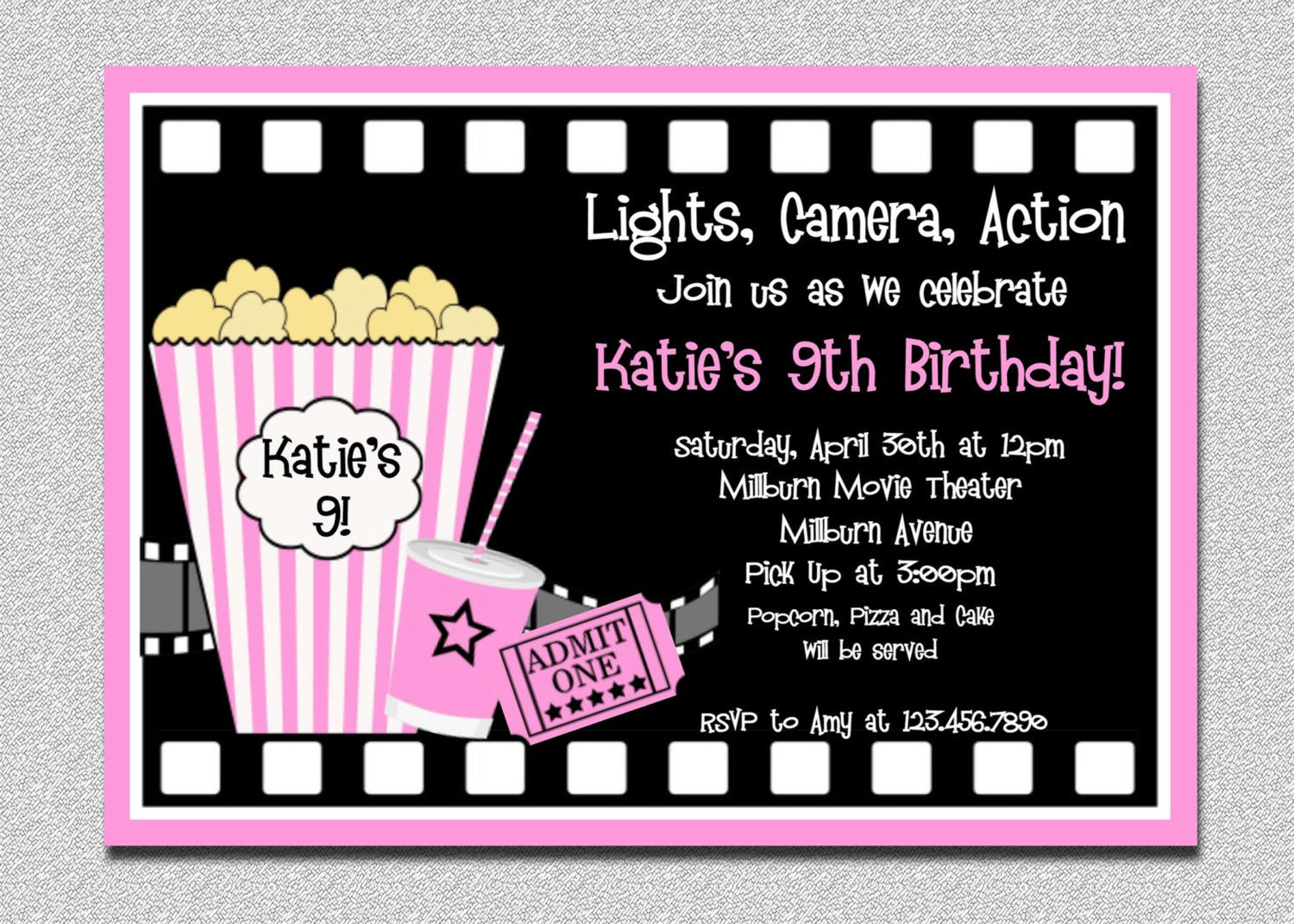 Movie Birthday Invitations
 Movie Birthday Invitations Pink Movie Night Birthday Party