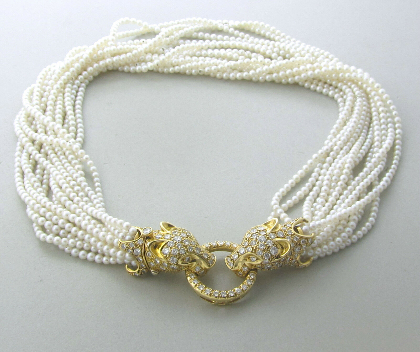 Multi Strand Necklace
 Estate 18k Yellow Gold Panther Head 6 70ctw Diamond Pearl