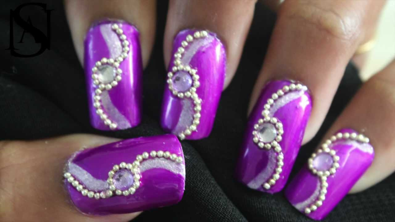 Nail Art With Rhinestones
 Easy Purple Rhinestone Nail Art Tutorial