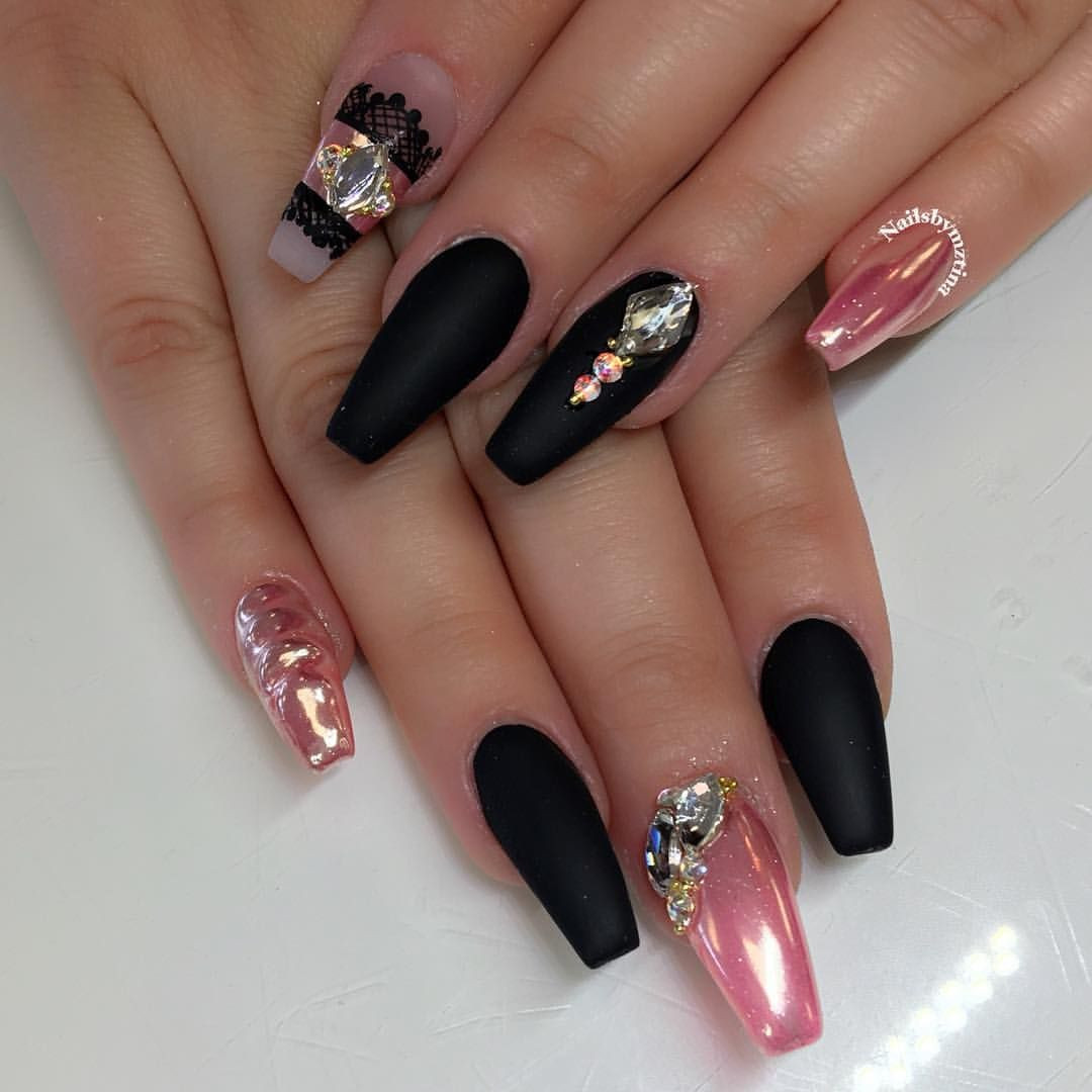 Nail Designs For Black Nails
 Matte black pink chrome nail art Nail Art