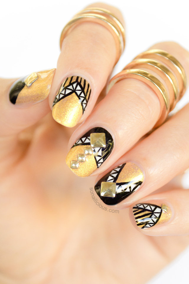 Nail Designs Gold
 Armoured Black and Gold Nails With Studs