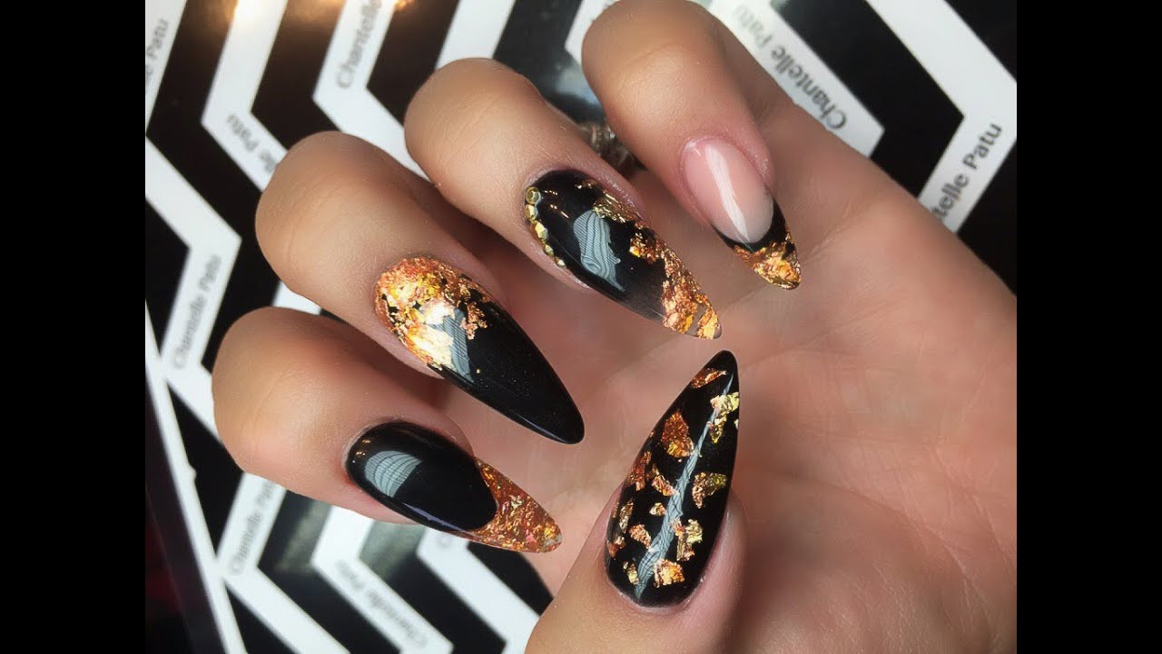 Nail Designs Gold
 ACRYLIC NAILS Black and Gold Leaf tutorial