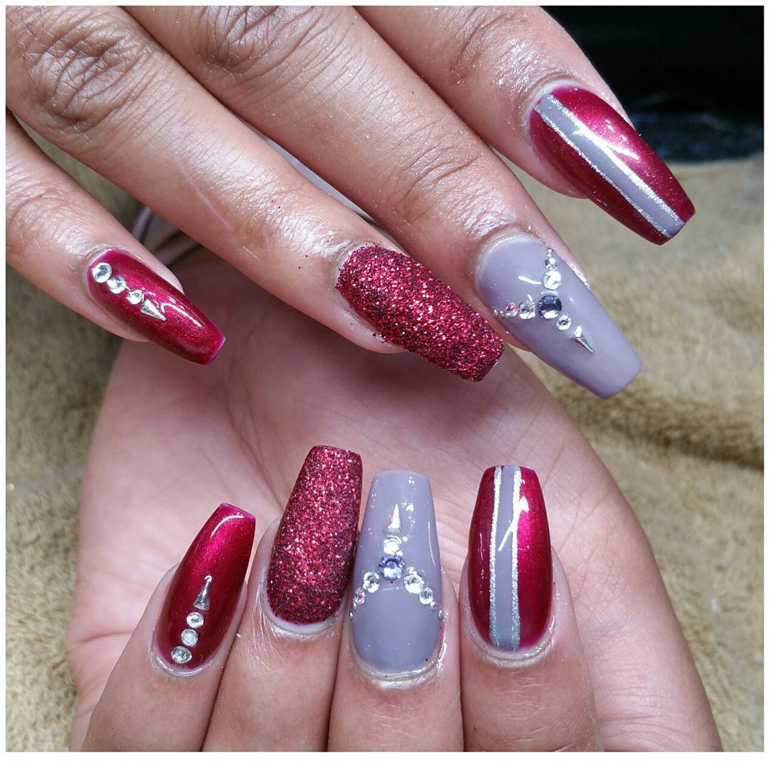Nail Designs With Rhinestones And Glitter
 Red and Gray Nails with Rhinestones and Glitter Easy
