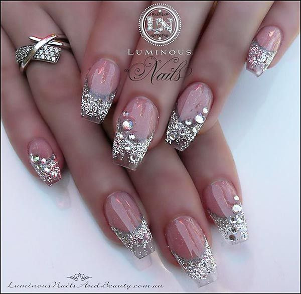 Nail Designs With Rhinestones And Glitter
 silver glitter rhinestones gra nt french nails