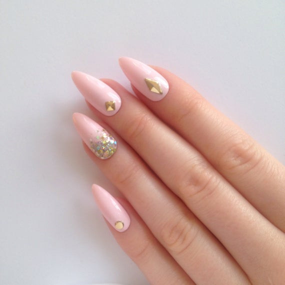 Nail Ideas Acrylic
 Pastel pink stud glitter stiletto nails Nail by